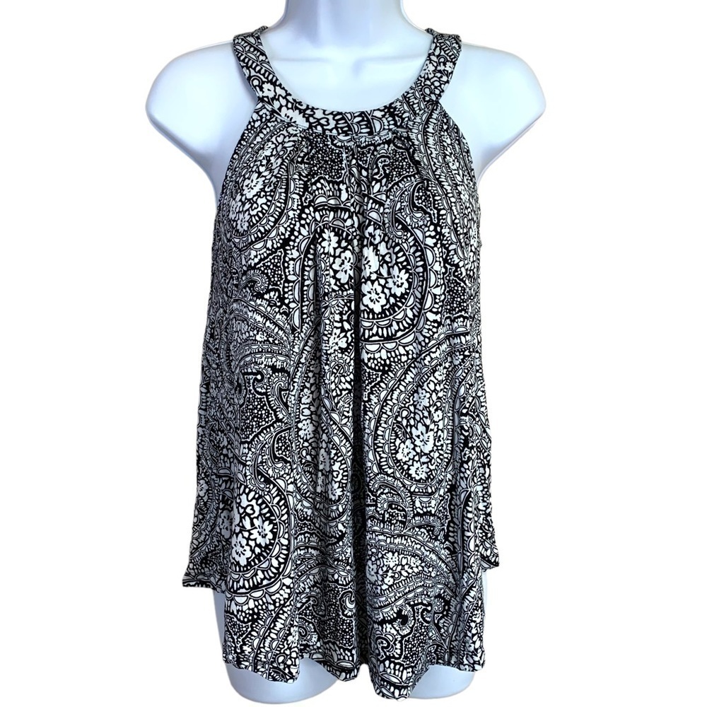 XS Cable And Gauge Black White Floral Paisley Sleeveless Tank Top 0 2 Stretch
